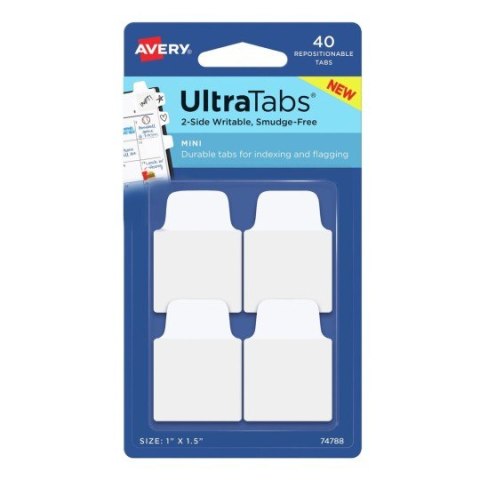 Ultra Tabs - samoprzylepne zakładki indeksujące, białe, 25,4x38, 40 szt., Avery Zweckform 74788