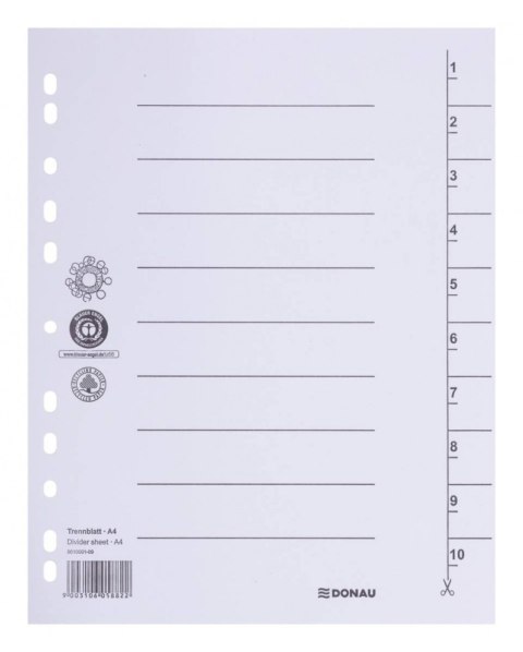 Przekładka DONAU, karton, A4, 235x300mm, 1-10, 1 karta, biała