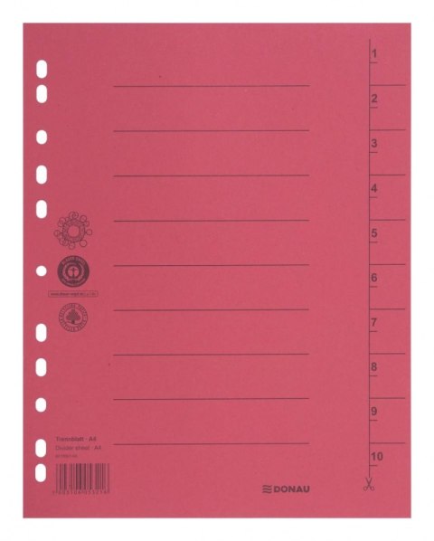 Przekładka DONAU, karton, A4, 235x300mm, 1-10, 1 karta, czerwona