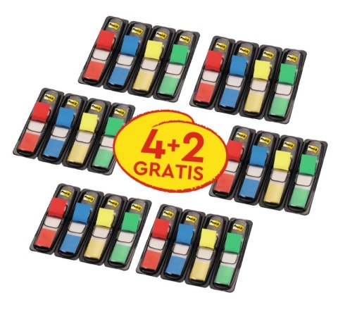 Zestaw promocyjny zakładek POST-IT® (683-4), PP, 11,9x43,2mm, 4+2x35 kart., mix kolorów, 2 GRATIS