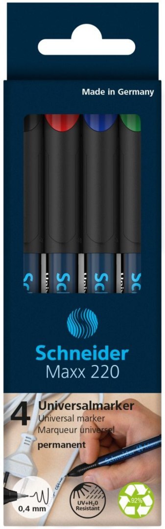 Zestaw foliopisów permanentnych SCHNEIDER Maxx 220, S, 0,4 mm, 4 szt., pudełko z zawieszką, mix kolorów