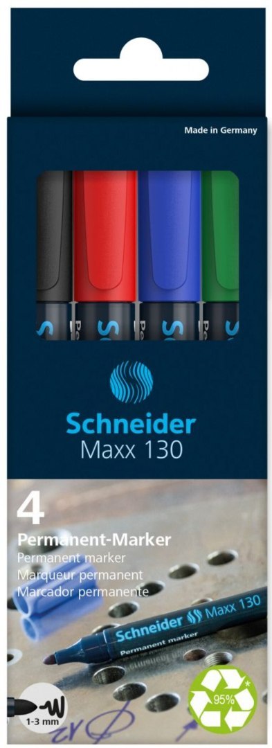 Zestaw markerów uniwersalnych SCHNEIDER Maxx 130, 1-3 mm, 4 szt., pudełko z zawieszką, mix kolorów