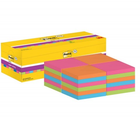Karteczki samoprzylepne POST-IT® Super Sticky (654-SS-VP24COL), 76x76mm, 24x90 kart., mix kolorów, 3 Karteczki GRATIS