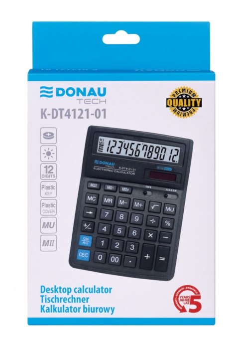 Kalkulator biurowy DONAU TECH, 12-cyfr. wyświetlacz, wym. 190x143x40 mm, czarny