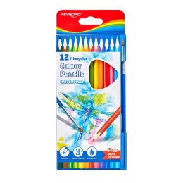 Kredki ołówkowe KEYROAD, trójkątne, akwarelowe, z pędzlem, 12szt., zawieszka, mix kolorów