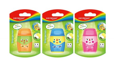 Temperówka plastikowa KEYROAD Hello, z gumką, podwójna, z pojemnikiem, blister, mix kolorów