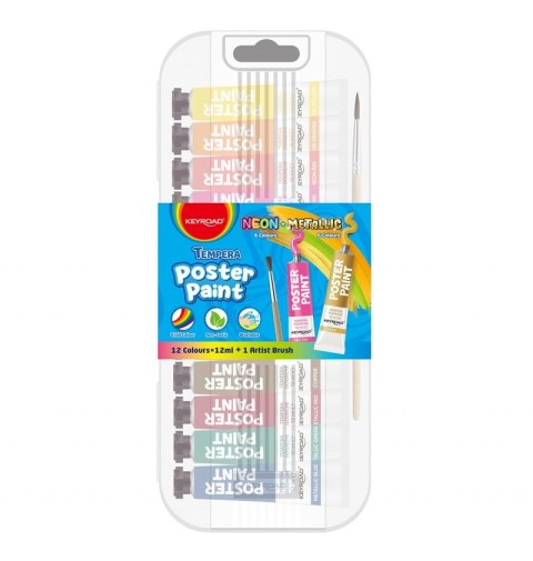 Farby plakatowe KEYROAD, 12x12ml, pędzelek gratis, mix kolorów metalicznych i neonowych