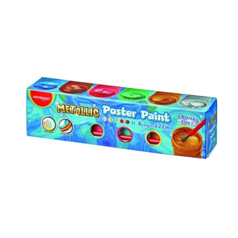 Farby plakatowe KEYROAD Metallic, 6x22ml, pędzelek gratis, w pudełku, mix kolorów
