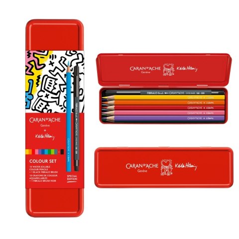 Kredki akwarelowe CARAN D'ACHE, Keith Haring, 10 szt. + 1 czarny flamaster Fibralo Brush