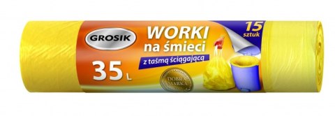 Worki na śmieci z taśmą GROSIK, HDPE, 35l, 15 szt., żółte