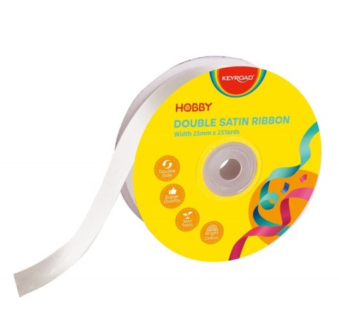 Wstążka KEYROAD, podwójna, satynowa, 25mm x 22,86m, na szpulce, biała
