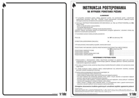 Znak TDC, Instrukcja postępowania w przypadku powstania pożaru