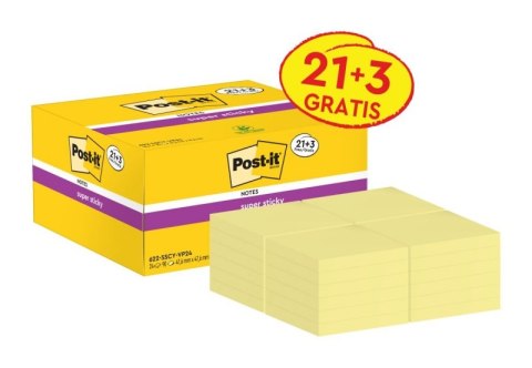 Karteczki samoprzylepne Post-it® Super Sticky (622-SSCY-24VP), 47,6x47,6mm, 21x90 kart.+3x90 kart. gratis, żółte