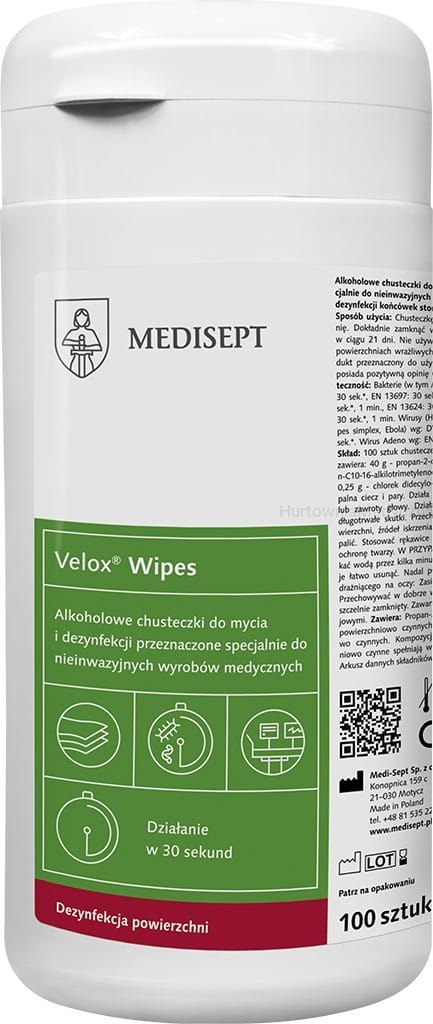 MEDISEPT VELOX WIPES Chusteczki na bazie alkoholu do szybkiej dezynfekcji powierzchni TUBA 100szt. IM-DEZ-ML979