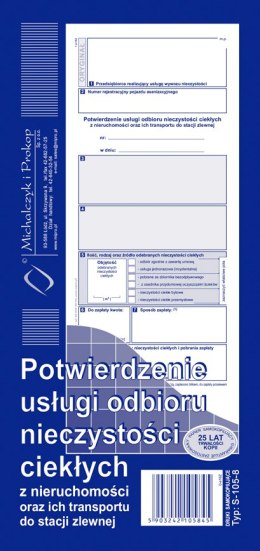 S-105-8 Potwierdzenie usługi odbioru nieczystości ciekłych oraz ich transportu do stacji zlewni 1/3 A4 MICHALCZYK I PROKOP