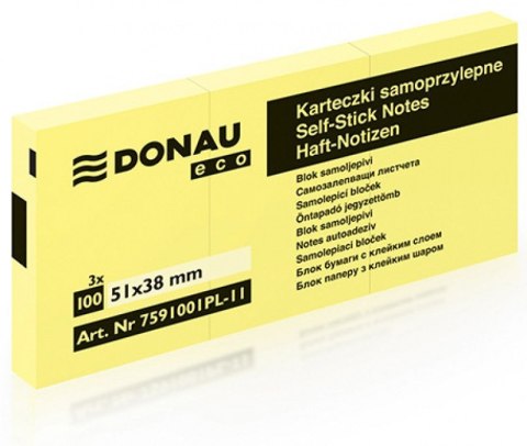 Bloczek samoprzylepne DONAU ECO 35x51 (3 szt. x 100 kart.) jasno żółte 7591001PL-11