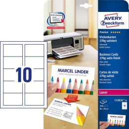 Wizytówki do druku Quick & Clean, 85 x 54 mm, 250 szt., 270 g, satynowane, śnieżnobiałe, Avery C32026-25