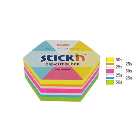 Notes sześciokąt, 61x70mm, mix 5 kol. neon+biały, 250kart. Stick n 21827