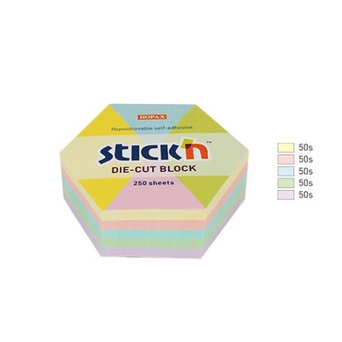 Notes sześciokąt, 61x70mm, mix 5 kol. pastelowych, 250kart. Stick n 21826