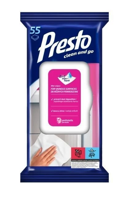 PRESTO Ściereczki nawilżane do różnych powierzchni 55 szt. 28772
